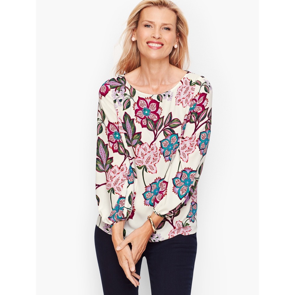 Talbots Women Floral Poet Sleeve Top S White Pink Blouse Lightweight Cottagecore